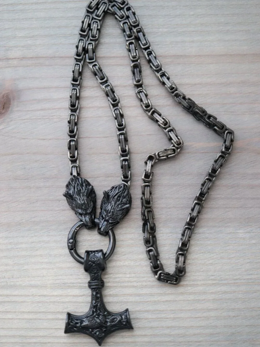 Thor Hammer Viking Style with Wolf Byzantine Chain Necklace Black Stainless Stee